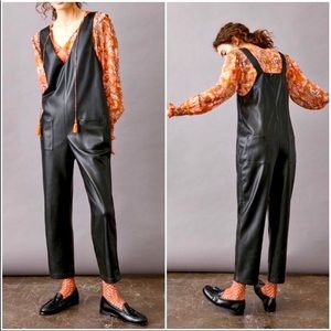 Anthropologie black vegan leather overalls - size large